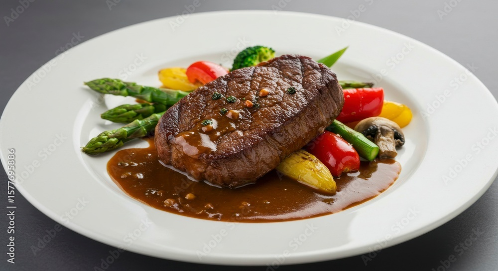 Pan-seared steak, roasted vegetables, and rich brown sauce on a white plate Pan-seared steak, roasted vegetables, and rich brown sauce on a white plate