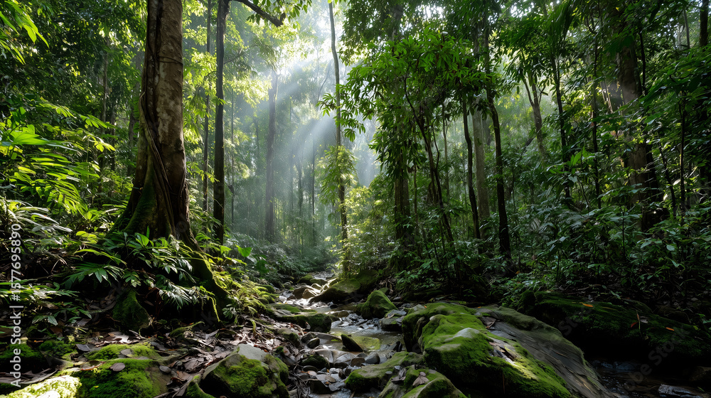 Fototapeta premium Dense Borneo rainforest canopy stretches overhead.