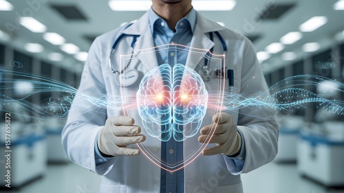 Medical professional presents a futuristic brain illustration with a digital shield, representing cognitive protection