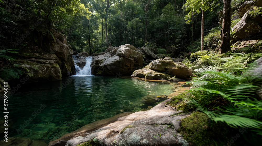 Naklejka premium Hidden waterfall cascades into a jade-green plunge pool deep in Lao jungle