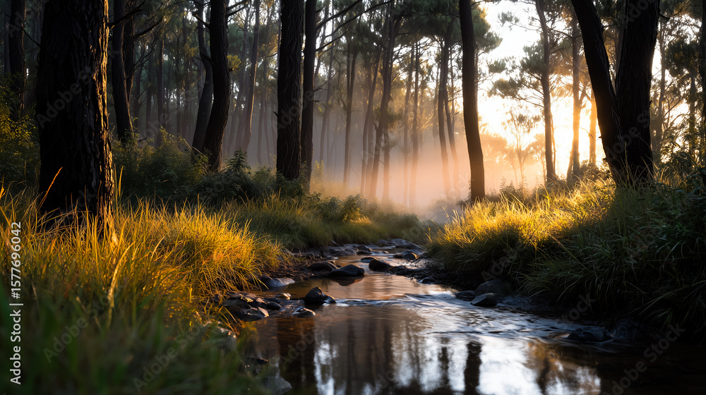 Obraz premium enchanted forest at dawn, thick morning mist.