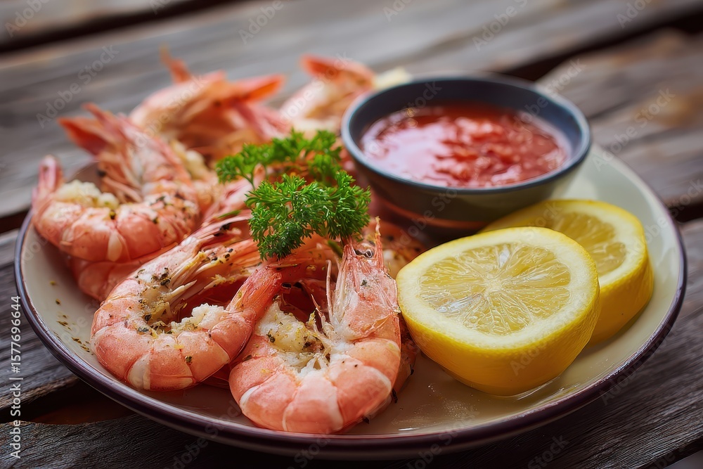 Shrimp served with red sauce, lemon slices and garnished with parsley on a plate Shrimp served with red sauce, lemon slices and garnished with parsley on a plate