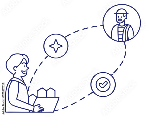 Person delivering packages to a happy recipient with star and checkmark icons isolated on white background