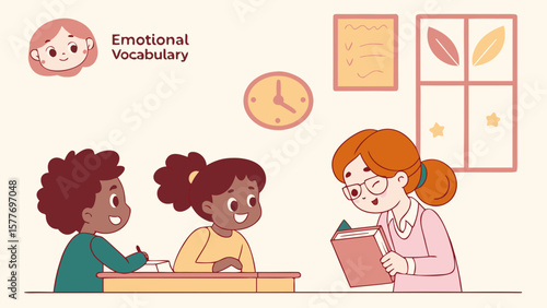 Teacher reading a book to children in a classroom emotional vocabulary isolated on white background