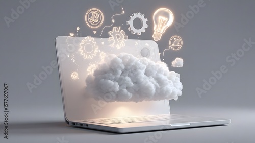 A laptop with a cloud computing concept on a gray background.
