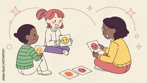 Children learning about emotions by playing with facial expression cards isolated on white background