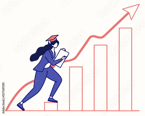 Woman in graduation cap climbing bar graph representing career growth isolated on white background