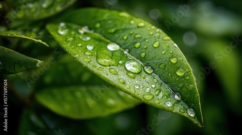 Fresh green leaf with glistening water droplets, a symbol of nature's delicate beauty
