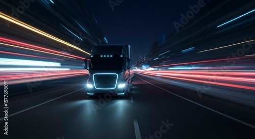 Futuristic semi-truck speeding on a city highway at night, light trails blurring in motion