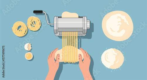 Homemade fresh pasta making process with dough and tools detailed close up view from above