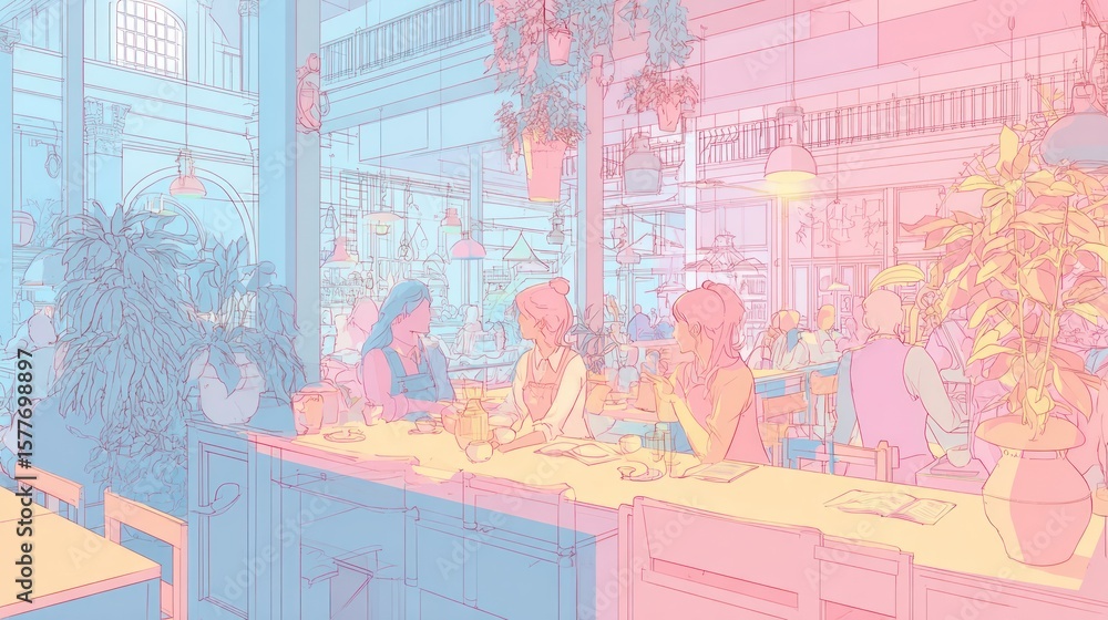 Fototapeta premium Pastel-toned interior cafe scene