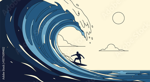 A lone surfer bravely rides a massive crashing ocean wave under a clear sky