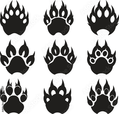 Set of Vector Bear Paw Prints with Flame-Like Detail
