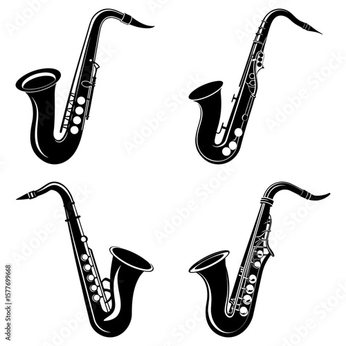 Four black and white saxophone illustrations arranged in a square pattern on a white background