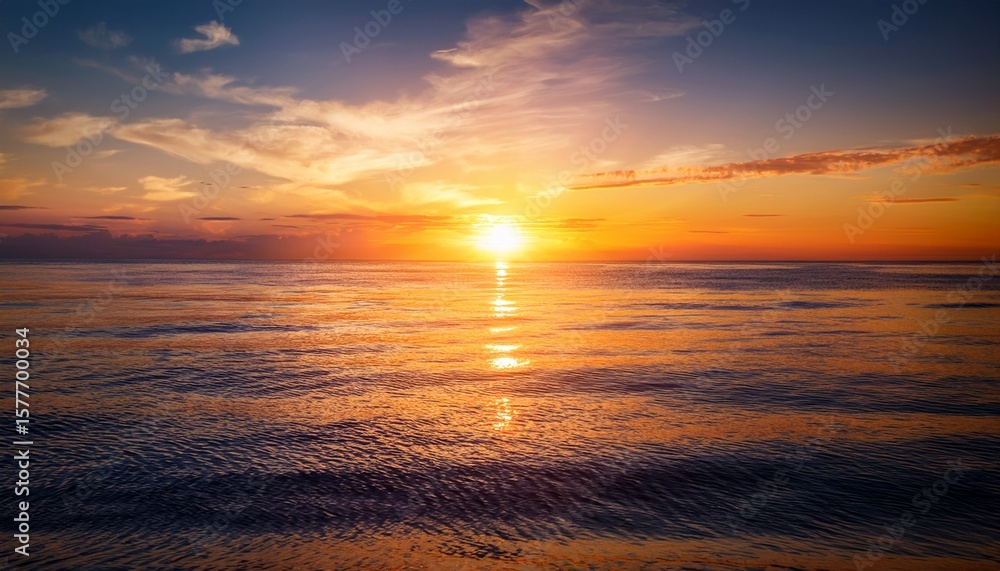 Naklejka premium vibrant orange sunset over gentle ocean waters reflecting sunlight in serene scene