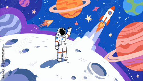 An astronaut waves from the moon while a rocket flies by against a galaxy backdrop, full of color and planets.