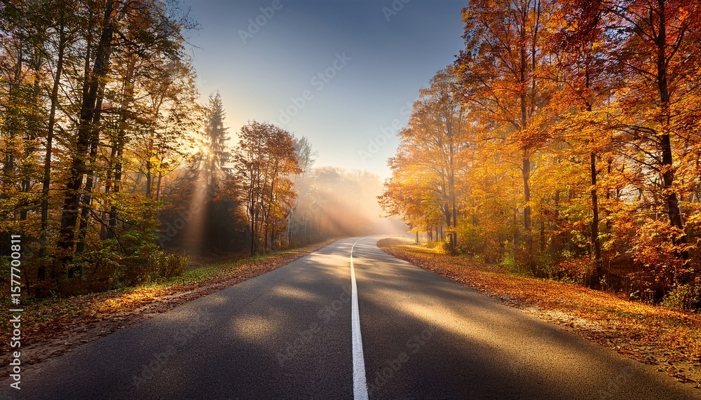Fototapeta premium a deserted road in a pale morning light through an autumn forest