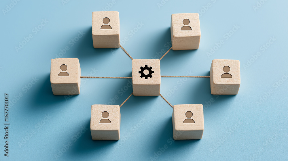 Fototapeta premium Connected Wooden Cubes with Gear Icon, System Management, Process Optimization and Collaborative Workflow