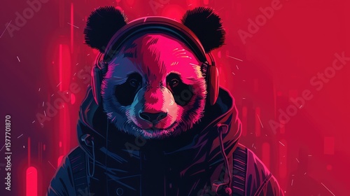 Cyberpunk Panda DJ in Neon Cityscape