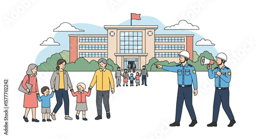 Community gathering organized by security personnel in front of a school building illustration