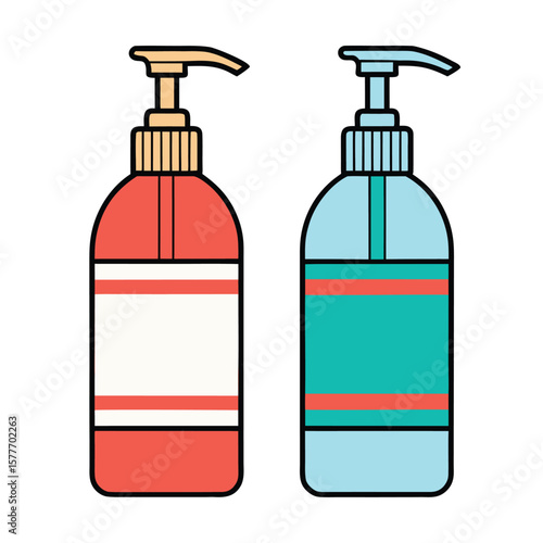 Two pump bottles with coral and teal colors dispenser liquid