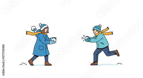 Two joyful children playing an exciting snowball fight in a winter wonderland enjoying the fresh snow
