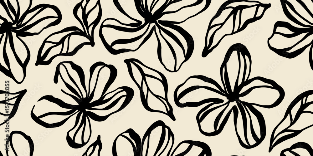Leaves branch and Hand Drawn doodle Scribble floral plants banner. seamless pattern. Creative minimalist Abstract art background. Design wall decoration, postcard, poster and brochure