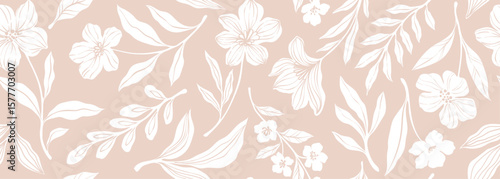 Leaves branch and Hand Drawn doodle Scribble floral plants banner. seamless pattern. Creative minimalist Abstract art background. Design wall decoration, postcard, poster and brochure