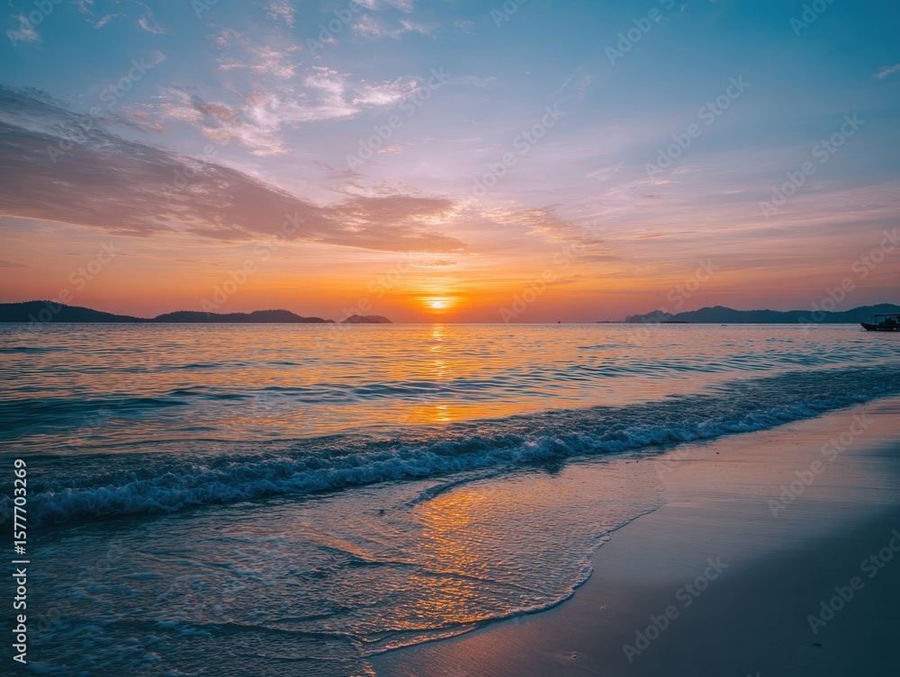 Fototapeta premium Beach scene with waves rolling to shore as sun dips toward the horizon, colors bright