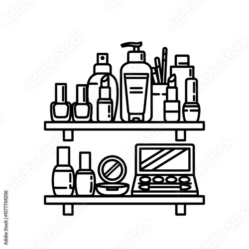 bathroom shelves with toiletries and cosmetics for personal care