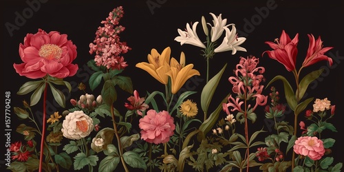 Vintage Botanical Illustration of Colorful Flowers on Dark Background.