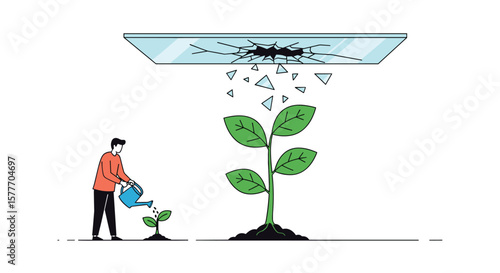 Observing plant growth under artificial light while watering seedlings in a scientific study of agriculture