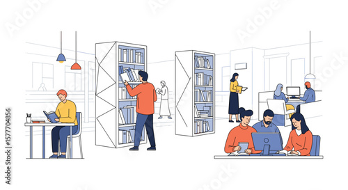 Diverse group of people working collaboratively in a modern office environment with bookshelves and technology creating an atmosphere of innovation and productivity