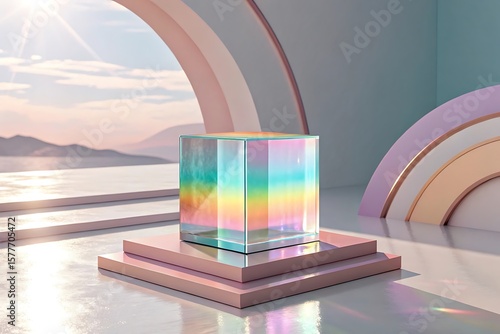 Abstract surreal scene empty stage and clear glass rectangle prism podium