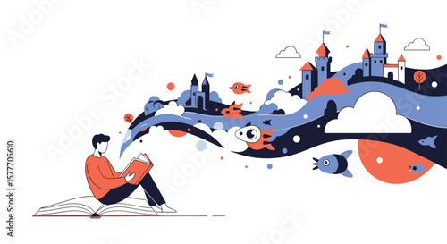 A person reads a book and their imagination creates a fantastical world filled with castles flying fish and mountains