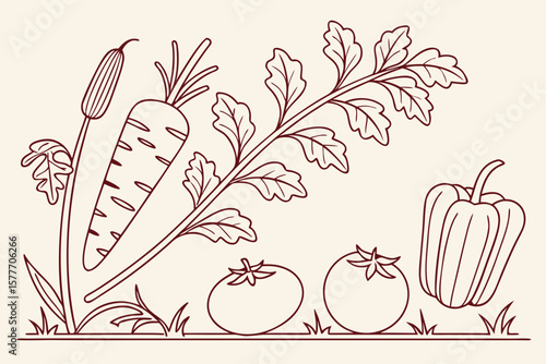 A line drawing of fresh vegetables growing in a garden