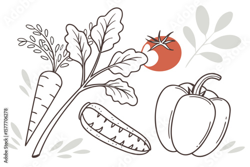 A simple line drawing of fresh vegetables including tomatoes and carrots