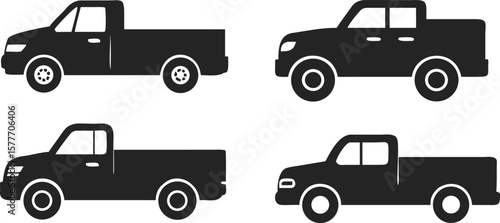 A collection of four distinct pickup truck silhouettes, showing different models and cab sizes in a simple, flat side-profile vector illustration.
