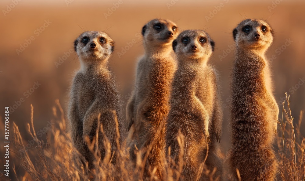 A group of four meerkats standing upright in tall grass under a warm golden light at sunset time outdoors A group of four meerkats standing upright in tall grass under a warm golden light at sunset time outdoors
