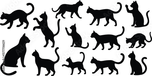 A versatile collection of black cat silhouettes, capturing various feline poses from walking and sitting to playing and stretching.
