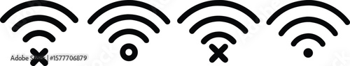 A collection of four Wi-Fi signal status icons, including connected, disconnected, and error symbols, in a hand-drawn style.
