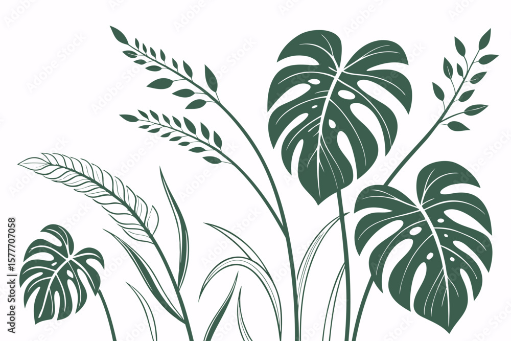 Obraz premium Illustration of tropical monstera leaves and plants in green tones