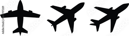 A collection of three black airplane silhouettes from various angles, perfect for travel, flight, and transportation icons.
