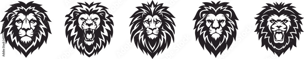 Fototapeta premium A powerful set of five black and white lion head mascots, displaying various expressions from calm to fiercely roaring.
