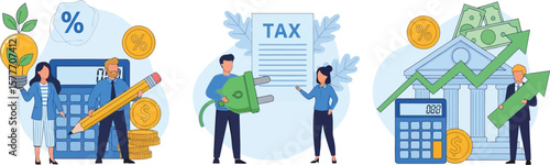 Vector art of illustrative vector art depicting financial growth, tax management, and energy investment, showcasing concepts of business success and economic planning isolated on white background