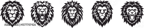 A powerful set of five black and white lion head mascots, displaying various expressions from calm to fiercely roaring.
