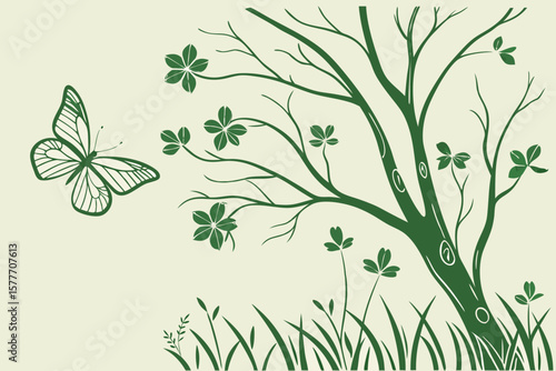 A butterfly flutters near a tree adorned with clover leaves