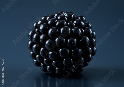 A glossy blackberry resting on a cool steel-blue background, its textured surface catching cinematic light. The moody contrast gives a rich, premium visual style.