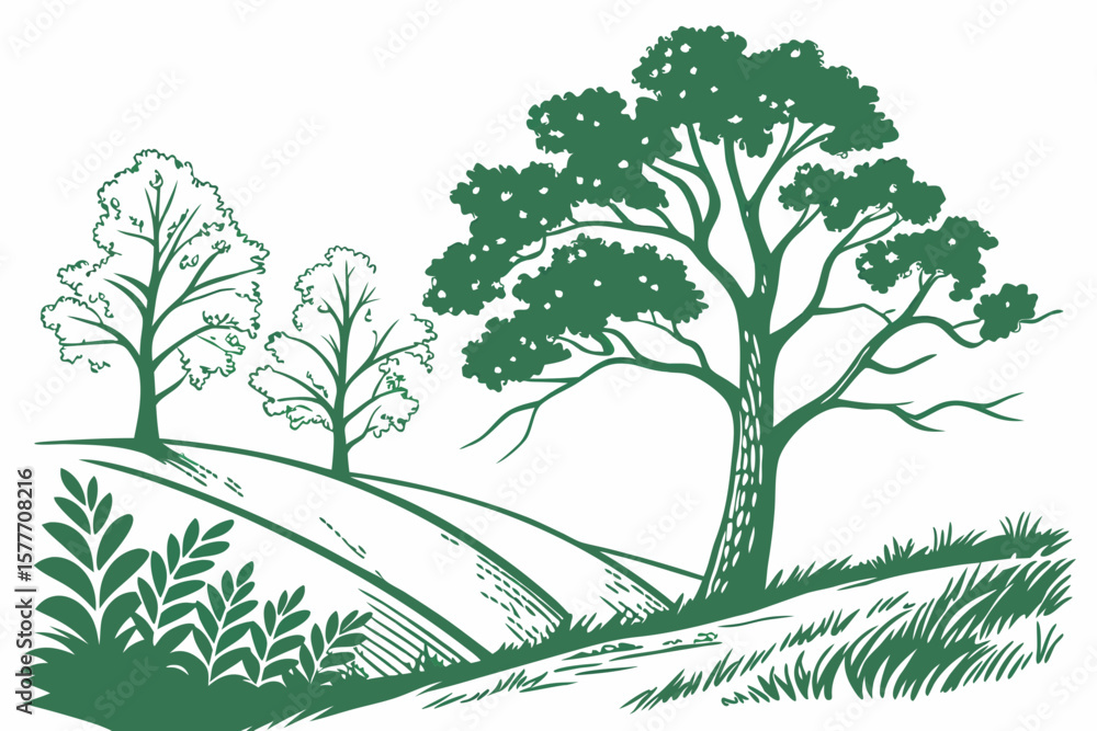 Fototapeta premium A green landscape with trees and rolling hills illustration