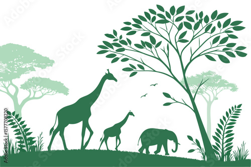 A silhouette of giraffes and an elephant under a tree in africa